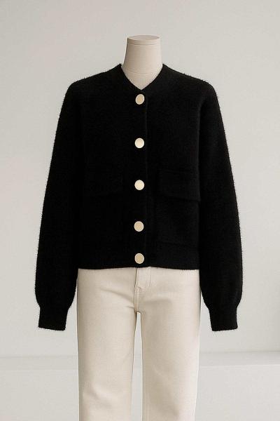 Kapşonlu Çift Cepli Sakal Triko Ceket Siyah