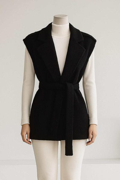 Apoletli Kuşaklı Buklet Yelek Siyah