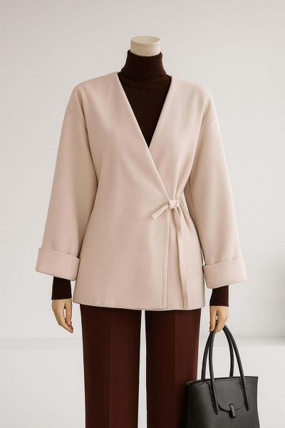 Yandan Bağlamalı Oversıze Duble Kol Kaşe Ceket Bej