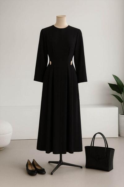 Çift Tokalı Arkası Bağlamalı Poliviskon Elbise Lacivert