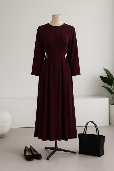 Çift Tokalı Arkası Bağlamalı Poliviskon Elbise Mürdüm