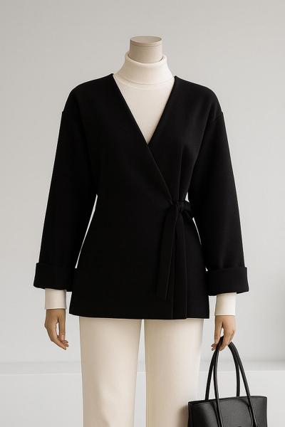 Yandan Bağlamalı Oversıze Duble Kol Kaşe Ceket Siyah