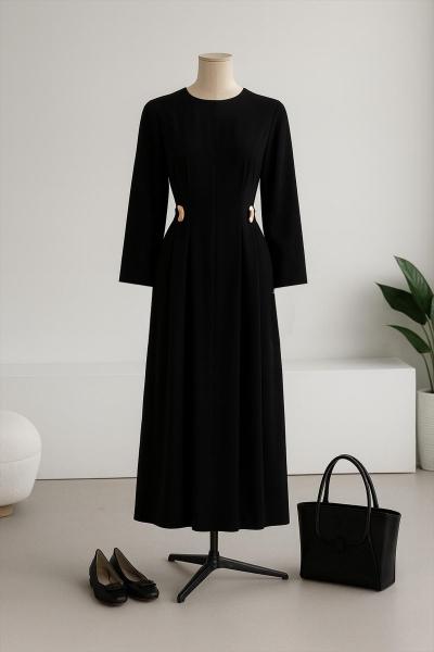 Çift Tokalı Arkası Bağlamalı Poliviskon Elbise Siyah