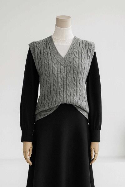 V Yaka Saç Örgü Triko Süveter Gri