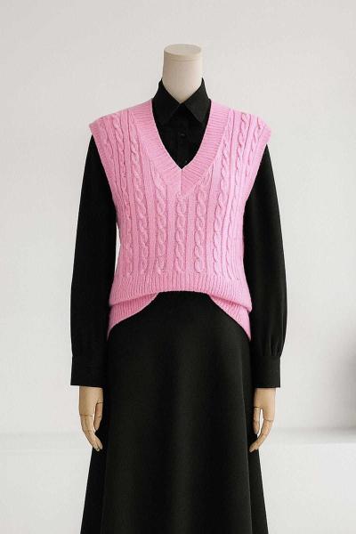 V Yaka Saç Örgü Triko Süveter Pembe