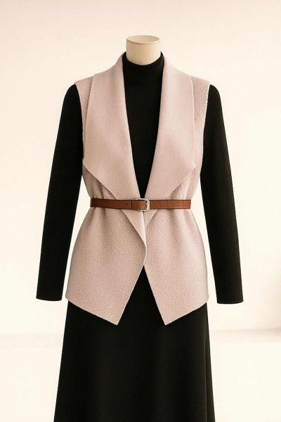 Büyük Yakalı Kemerli Kısa Buklet Yelek Açık Taş