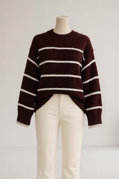 Bisiklet Yaka Enine Çizgili Triko Tunik Bordo