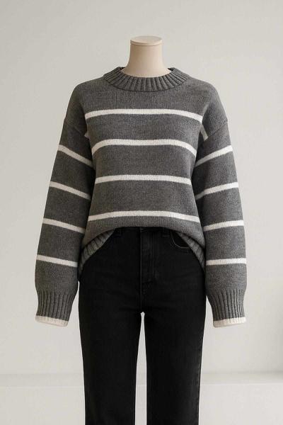 Bisiklet Yaka Enine Çizgili Triko Tunik Füme