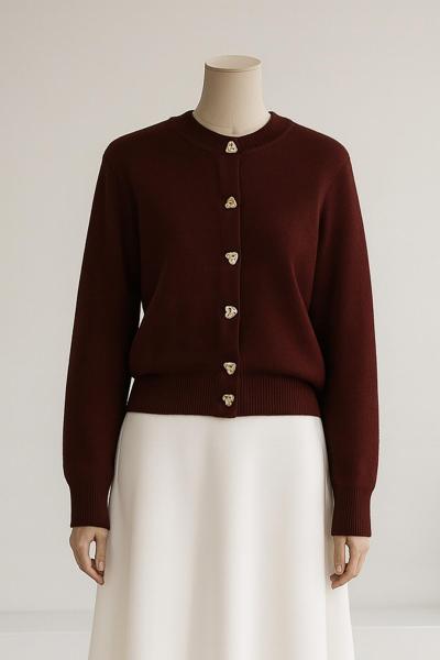 Kalp Düğmeli Kısa Triko Hırka Kahve