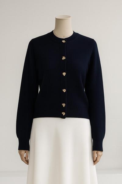 Kalp Düğmeli Kısa Triko Hırka Lacivert