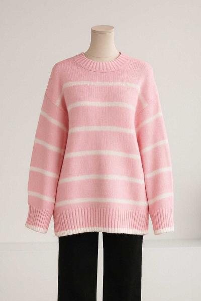 Bisiklet Yaka Enine Çizgili Triko Tunik Pembe