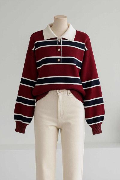 Polo Yaka Patı Düğmeli Çizgili Pike Örgü Kazak Bordo