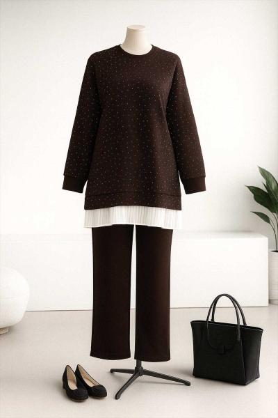 Üstü Pilise Taş Garnili Pantolonlu Aysho Takım Koyu Kahve