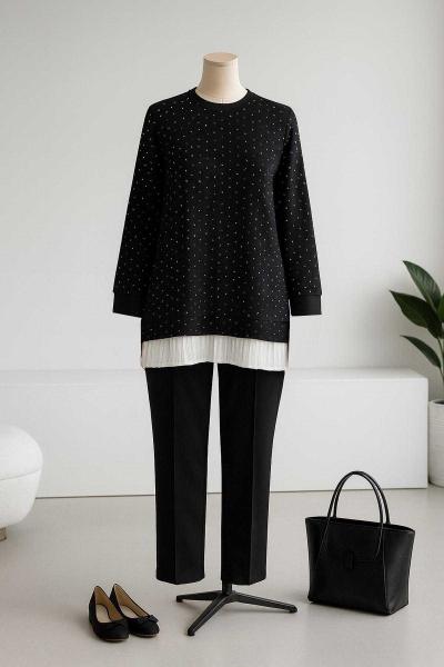 Üstü Pilise Taş Garnili Pantolonlu Aysho Takım Siyah