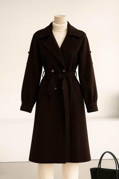 Apoletli Kuşaklı Kaşe Kaban Koyu Kahve