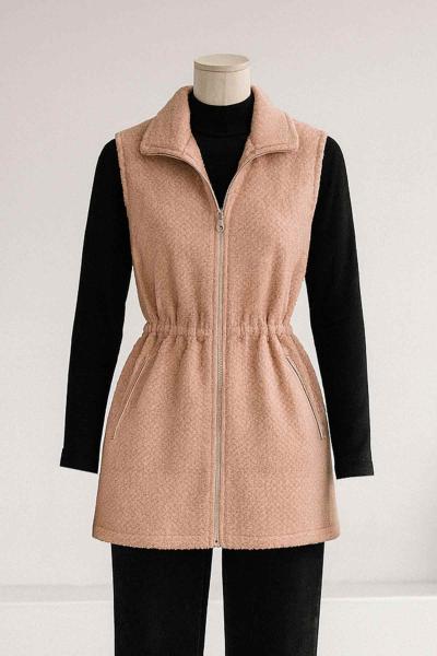 Fermuarlı Çift Cepli Beli Lastikli Buklet Yelek Açık Camel