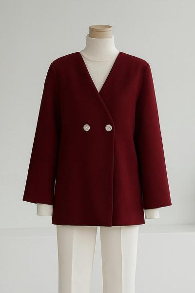 Çift Düğmeli V Yaka Kaşe Ceket Bordo