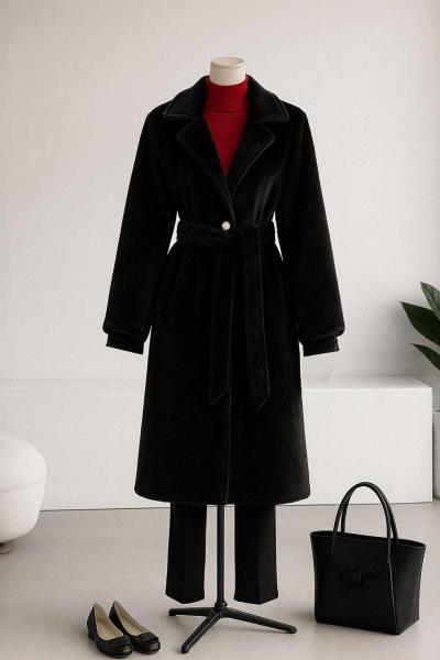 Balon Kollu Kuşaklı Fox Kürk Kaban Siyah