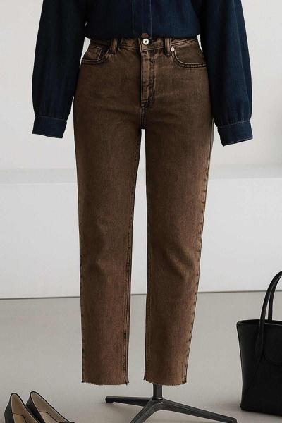 Mom Fit Kesik Paça Kot Pantolon Asit Kahve