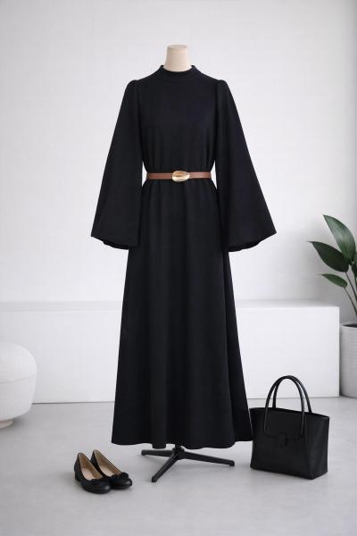 Balon Kollu Fitilli Kemerli Elbise Lacivert