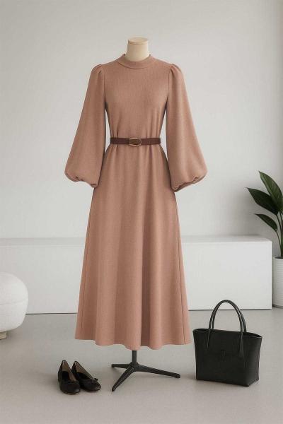 Balon Kollu Fitilli Kemerli Elbise Vizon