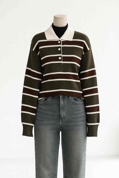 Polo Yaka Patı Düğmeli Çizgili Pike Örgü Kazak Haki