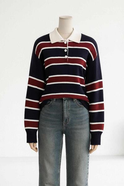 Polo Yaka Patı Düğmeli Çizgili Pike Örgü Kazak Laci Krem