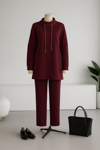 Dik Yakalı Sim Bağcıklı Scuba Pantolonlu Takım Bordo