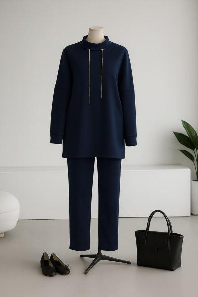 Dik Yakalı Sim Bağcıklı Scuba Pantolonlu Takım Lacivert