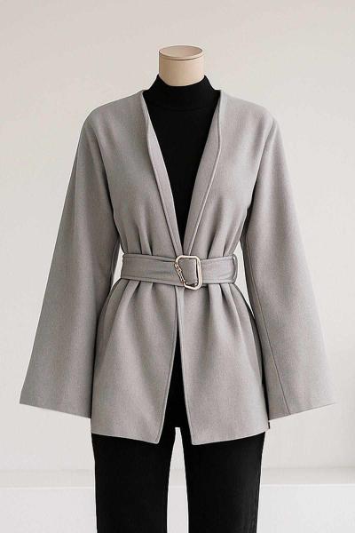 Kuşağı Tokalı Bol Kollu Kaşe Ceket Açık Gri