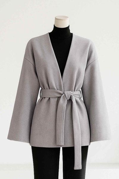 Yakasız Kuşaklı Oversıze Kaşe Ceket Açık Gri