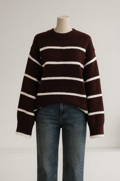 Bisiklet Yaka Enine Çizgili Triko Tunik Kahve