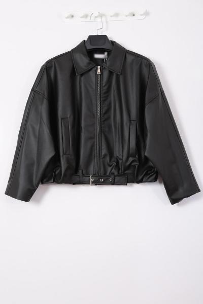 Beli Kemerli Fermuarlı Deri Mont Siyah