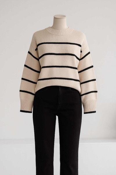 Bisiklet Yaka Enine Çizgili Triko Tunik Taş