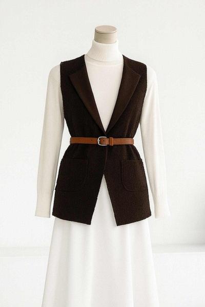 Büyük Yakalı Kemerli Kısa Buklet Yelek Koyu Kahve