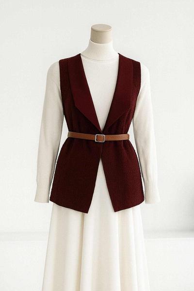 Büyük Yakalı Kemerli Kısa Buklet Yelek Mürdüm