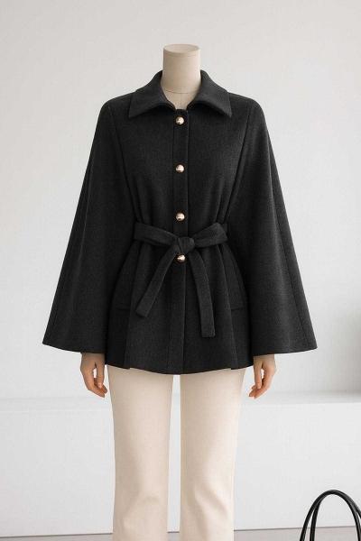 Beli Kuşaklı Düğmeli Oversıze Kaşe Panço Antrasit