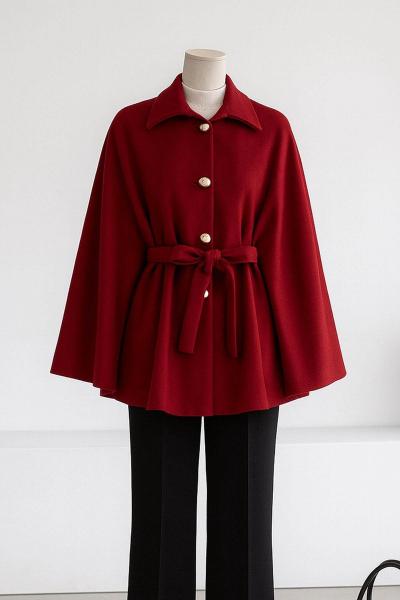 Beli Kuşaklı Düğmeli Oversıze Kaşe Panço Bordo