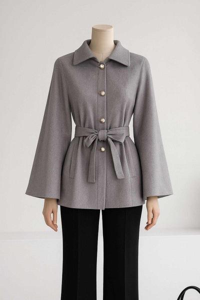 Beli Kuşaklı Düğmeli Oversıze Kaşe Panço Gri