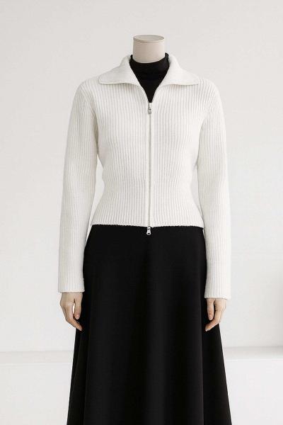 Polo Yaka Fermuarlı Fitilli Triko Hırka Ekru