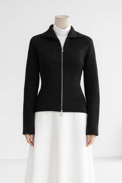 Polo Yaka Fermuarlı Fitilli Triko Hırka Füme