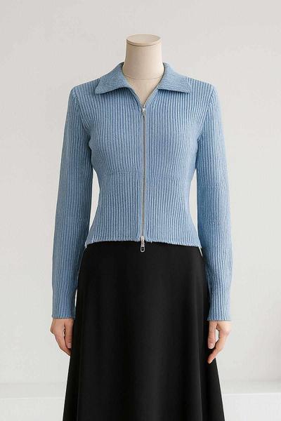 Polo Yaka Fermuarlı Fitilli Triko Hırka Bebe Mavi