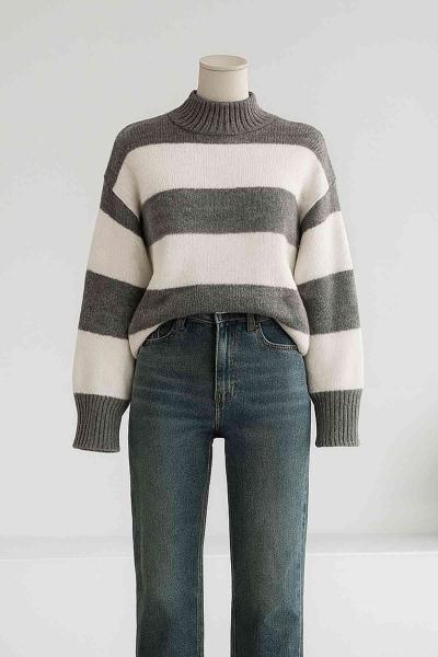 Bisiklet Yaka Geniş Çizgili Triko Tunik Gri