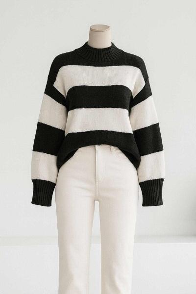 Bisiklet Yaka Geniş Çizgili Triko Tunik Haki