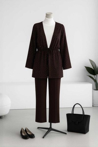 Üstü Taş Detaylı Bağlamalı Pantolonlu Aysho Takım Kahve