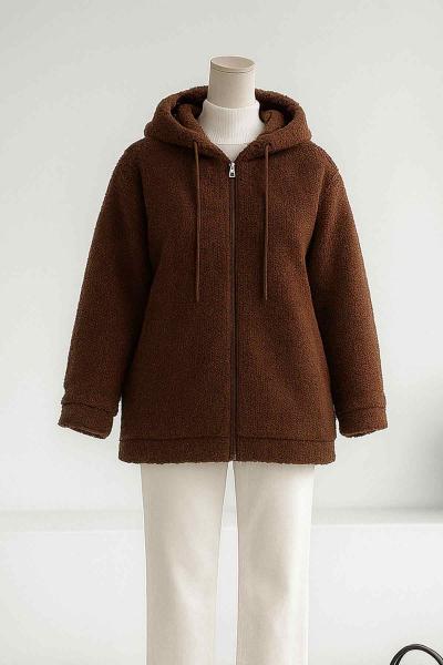 Kapşonlu Fermuarlı Peluş Mont Kahve