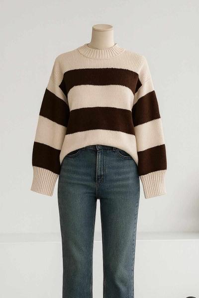 Bisiklet Yaka Geniş Çizgili Triko Tunik Kahve