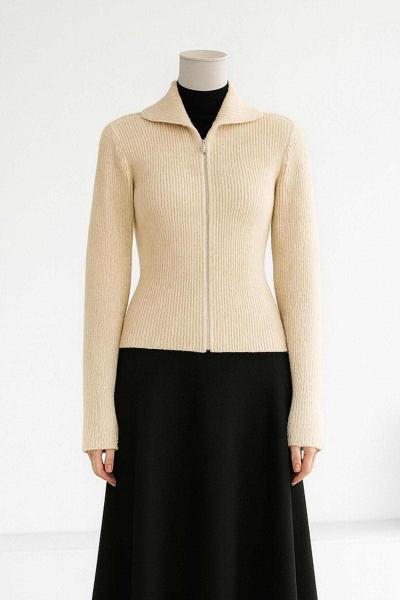 Polo Yaka Fermuarlı Fitilli Triko Hırka Taş