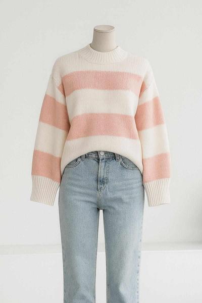 Bisiklet Yaka Geniş Çizgili Triko Tunik Pembe