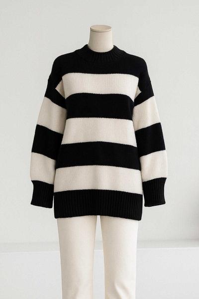 Bisiklet Yaka Geniş Çizgili Triko Tunik Lacivert